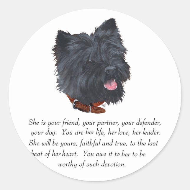 Sticker Rond Bijou Terrier Cairn Noir - Femelle (Devant)