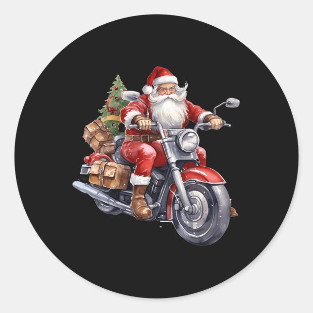Sticker Rond Biker Santa Claus Sur Moto Amusants Noël Biki (Devant)