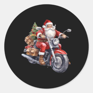 Sticker Rond Biker Santa Claus Sur Moto Amusants Noël Biki