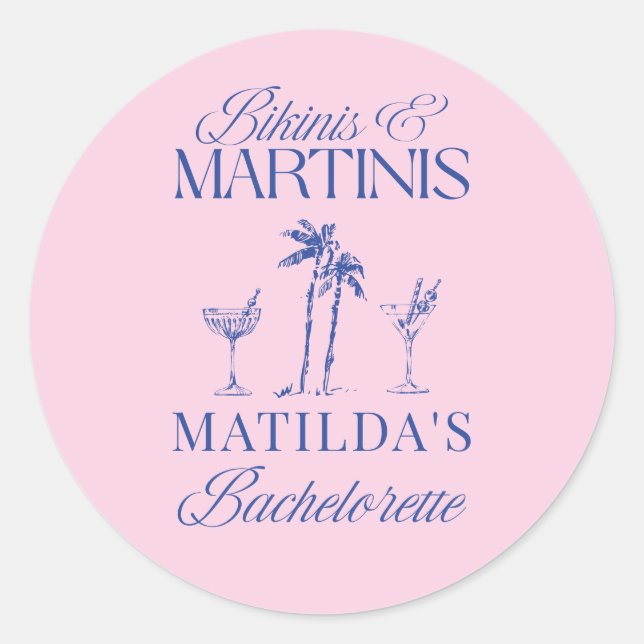 Sticker Rond Bikinis & martinis Elegant pink blue bachelorette (Devant)