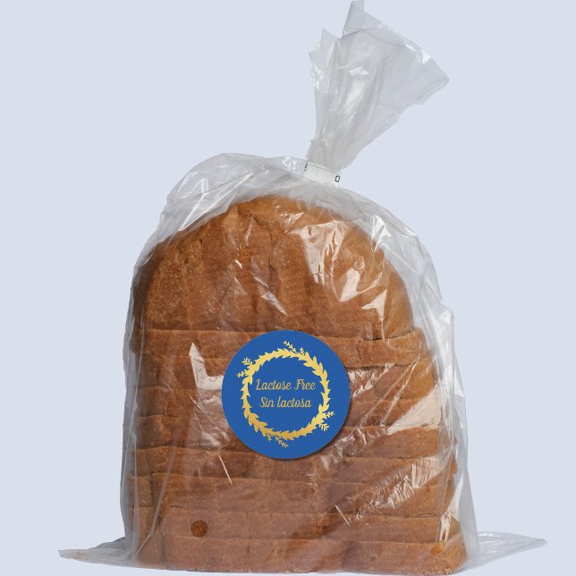 Sticker Rond Bilingue Bleu Doré Sans Lactose - Sin Lactosa (Lactose free blue bilingual round sticker, custm text, Spanish. Multilingual project)