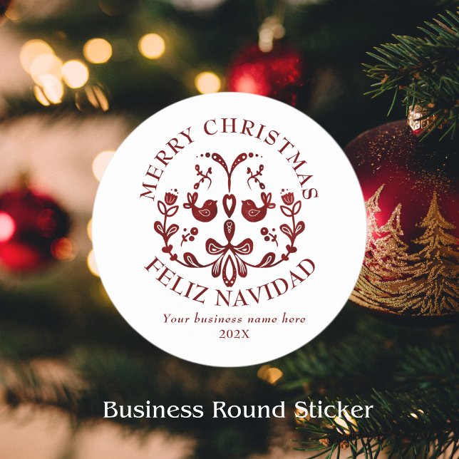 Sticker Rond Bilingue Noël Espagnol Bourgogne Oiseaux (Round sticker Christmas Spanish small business, custom business name & text. Multilingual Project)