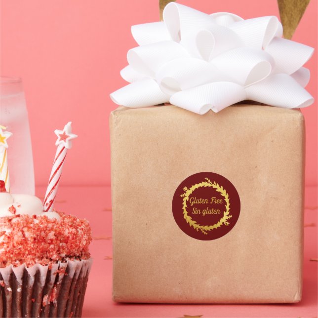 Sticker Rond Bilingue Rouge Doré Sans Gluten (Fête)