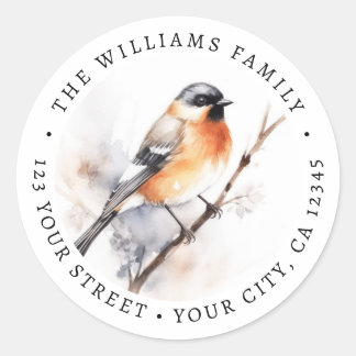 Sticker Rond Bird perched on branch watercolor return address