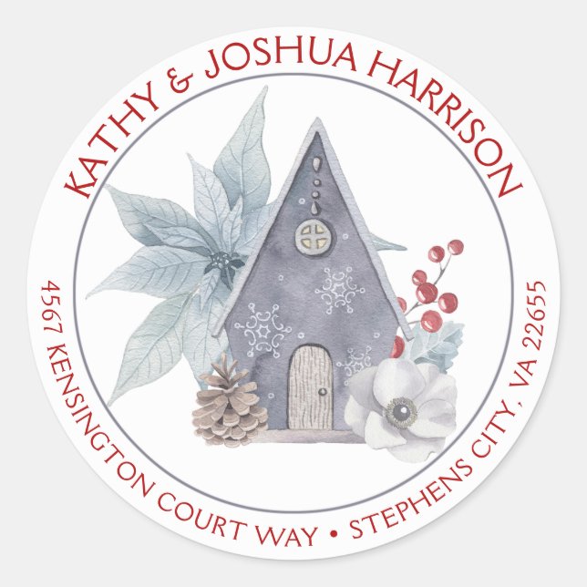 Sticker Rond Birdhouse Poinsettias Berries Adresse de retour | (Devant)