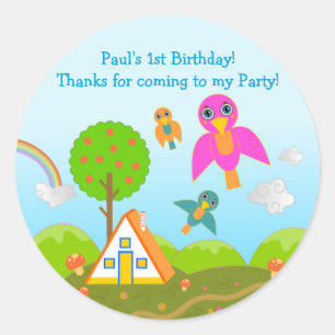 Sticker Rond Birds Birthday Party merci note