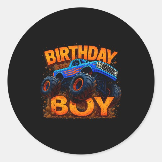 Sticker Rond Birthday Boy Monster Truck Funny Family Matching  (Devant)