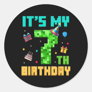 Sticker Rond Birthday Boy My 7th Birthday Video Game Pixel