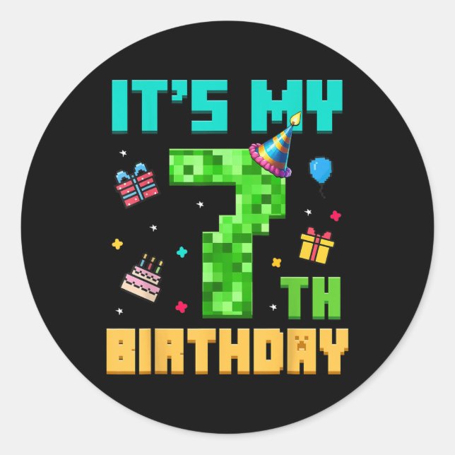 Sticker Rond Birthday Boy My 7th Birthday Video Game Pixel (Devant)