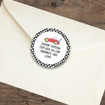 Sticker Rond Birthday Boy Race Car Whimsical Return Address<br><div class="desc">This fun race car Kids' birthday party features kids' birthday party simple boy, custom customize return address label with race cars racing formula NASCAR, a speed hotrods checkered flag cute, a sports minimalist chic whimsical, a colorful boy birthday party favor, a creative stylish classy labels, a cool retro typography auto...</div>