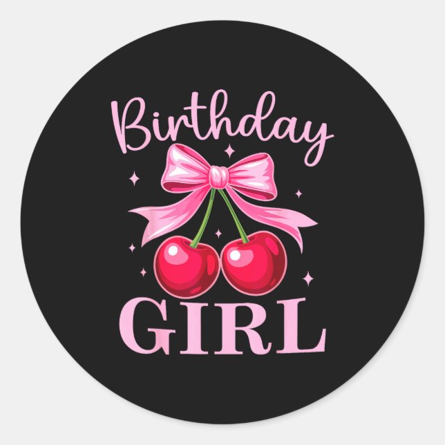 Sticker Rond Birthday Girl Coquette Bow Cherry Birthday Girls W (Devant)