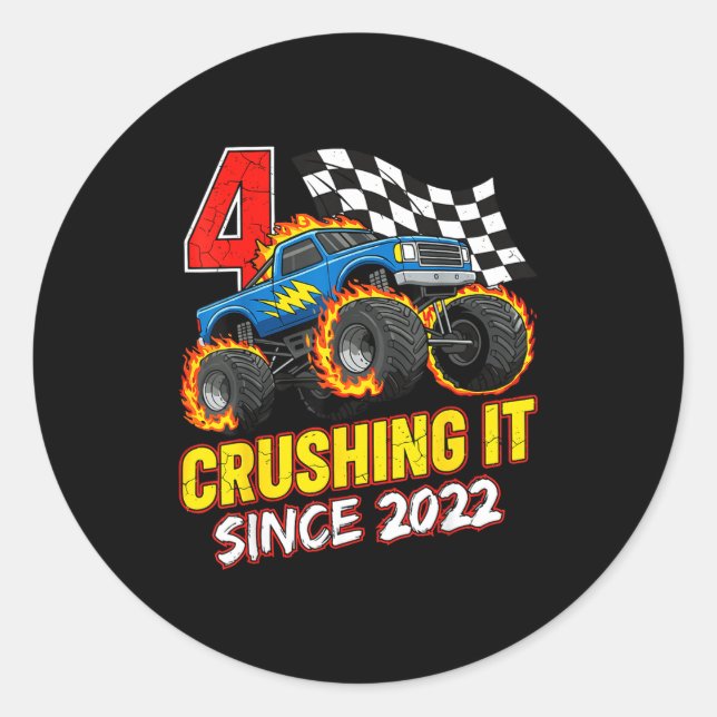 Sticker Rond Birthday Monster Truck 4 Year Old Boys 4th Party B (Devant)