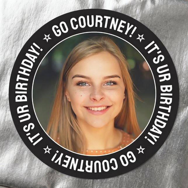 Sticker Rond Birthday Party Custom Photo and Text Personalized (Personalized birthday stickers with custom photo and name. Shown on silver wrapping paper.)