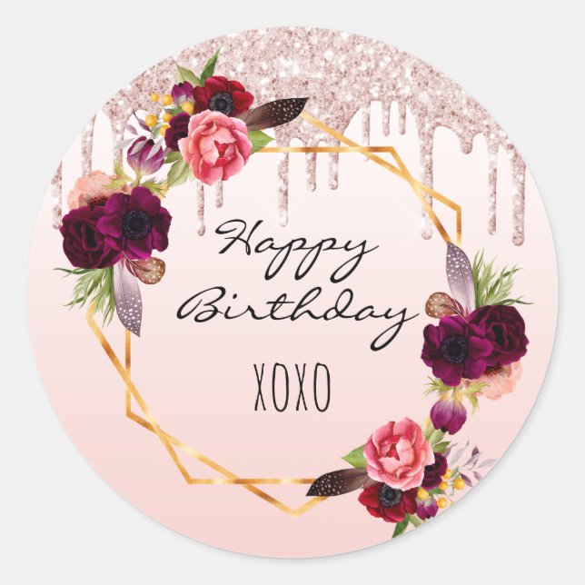Sticker Rond Birthday rose gold blush glitter drips floral (Devant)