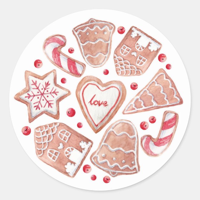Sticker Rond Biscuits de Noël au pain d'épice aquarelle (Devant)