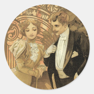 Sticker Rond Biscuits Flirt Art Nouveau Vintage, Alphonse Mucha