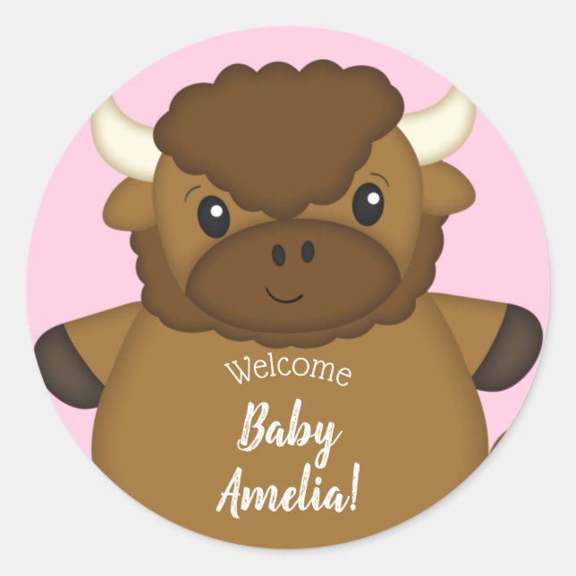 Sticker Rond Bison Baby shower Buffalo rose (Devant)