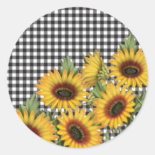 Sticker Rond Bison noir et blanc Plaid Tournesols jaunes 
