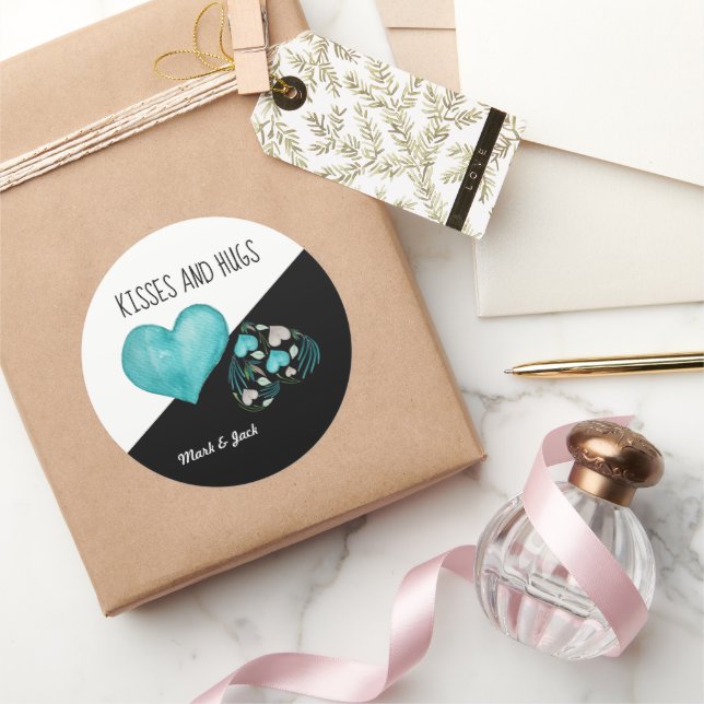 Sticker Rond Bisous et câlins cœurs à l'aquarelle peints à la m (Cadeaux)