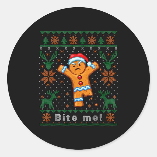 Sticker Rond Bite Me Gingerbread Man - Funny Ugly Christmas Swe (Devant)