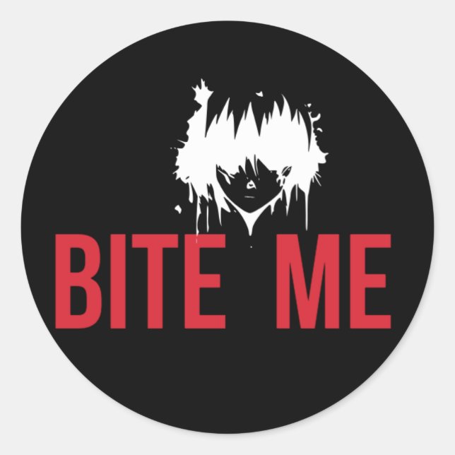 Sticker Rond Bite Me : Une torsion Éffrayante et joueuse" (Devant)