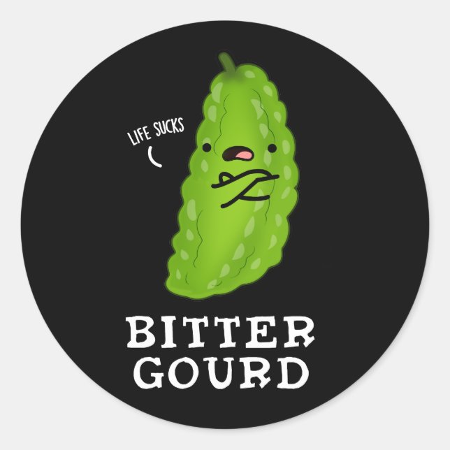 Sticker Rond Bitter Gourd Funny Veggie Pun Dark BG (Devant)