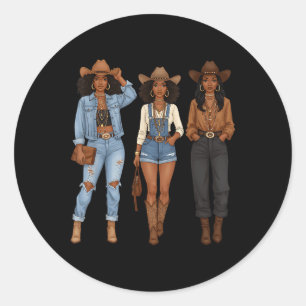 Sticker Rond Black African American Cowgirl Western Country Tex