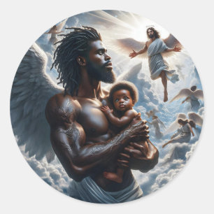 Sticker Rond Black African Angel man Avec bébé