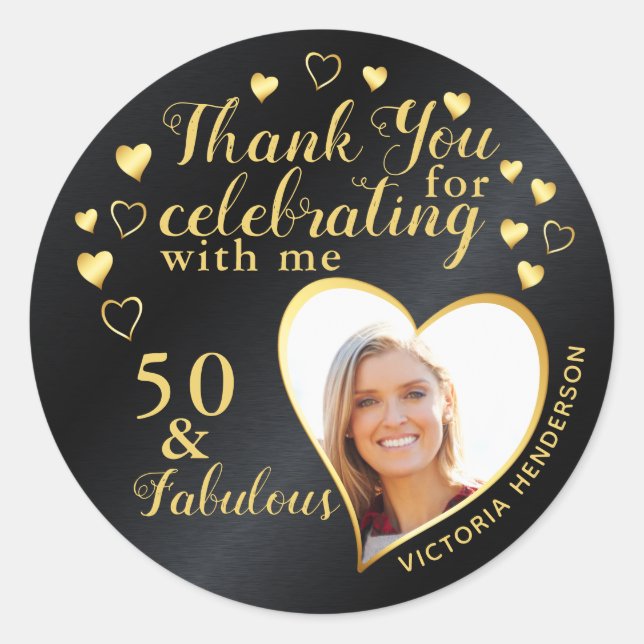 Sticker Rond Black and Gold 50th Birthday Party Merci (Devant)