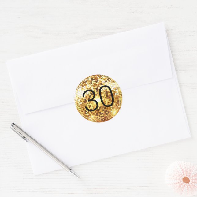 Sticker Rond Black and Gold Disco Ball Glam 30e fête d'annivers (Enveloppe)
