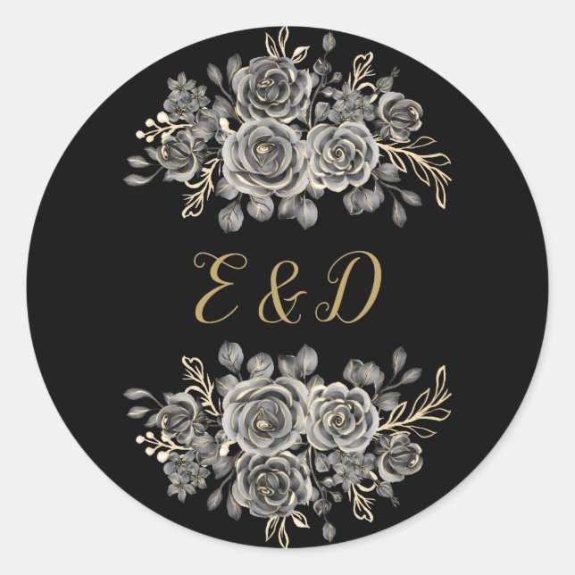 Sticker Rond Black And Gold Gothic Floral Roses Monogram (Devant)