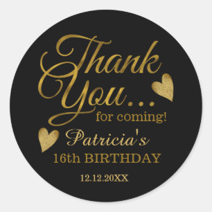 Sticker Rond Black And Gold Sweet 16e Merci de fête d'annivers