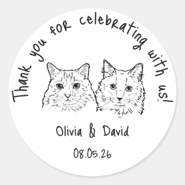 Sticker Rond Black and White Cute Cats Wedding Favor (Devant)