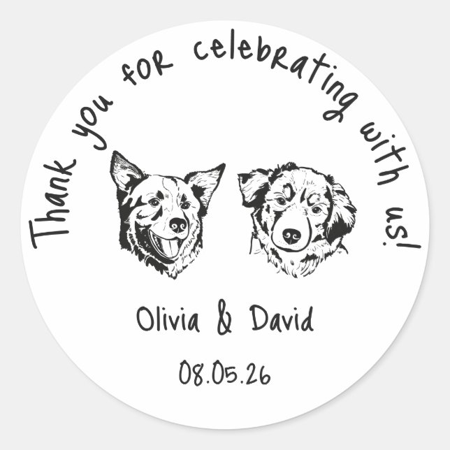 Sticker Rond Black and White Cute Dogs Wedding Favor (Devant)