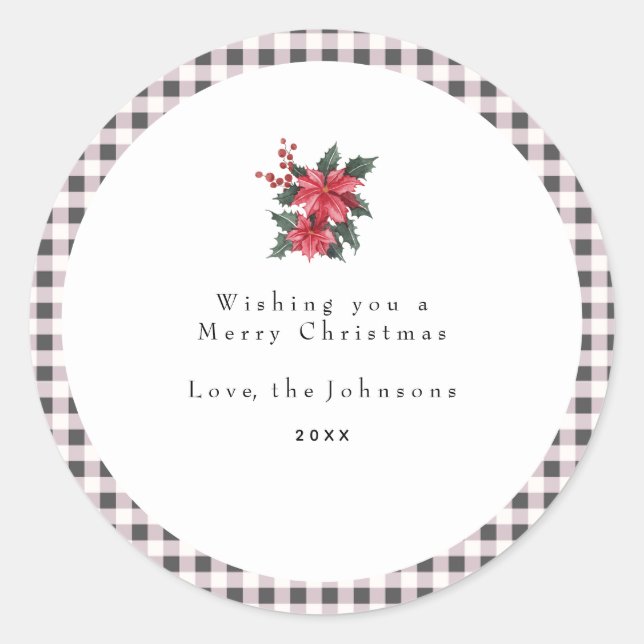 Sticker Rond Black and White Gingham Plaid Custom Christmas (Devant)