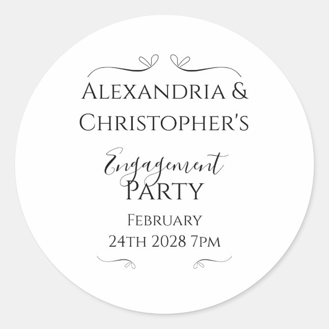 Sticker Rond Black and White Script Minimal Engagement Party (Devant)