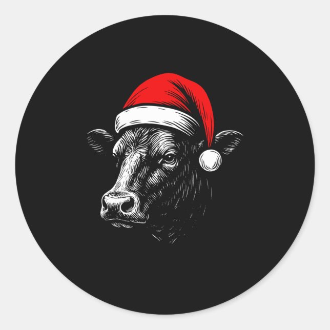 Sticker Rond Black Angus Rancher Christmas Cow Santa Hat Farmer (Devant)