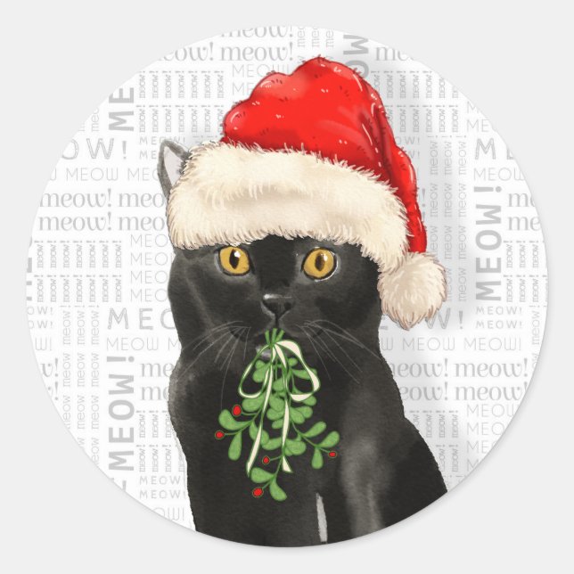 Sticker Rond Black Bombay Cat aquarelle Père Noël (Devant)