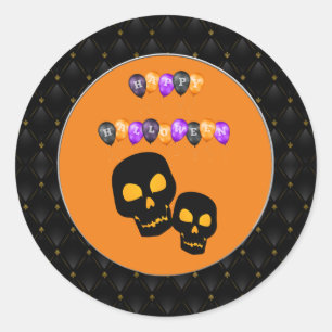 Sticker Rond Black Border Black Skuls Happy Halloween Ballons