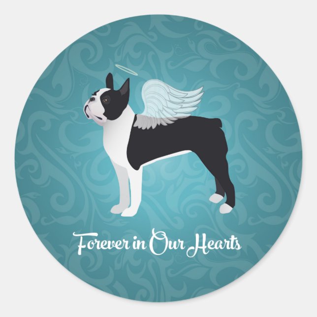 Sticker Rond Black Boston Terrier Dog Angel Pet Memorial (Devant)