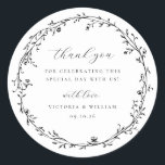 Sticker Rond Black Botanical Wreath Wedding Favor<br><div class="desc">Elégante couronne de style botanique vintage en noir,  mariage merci de vous préférez autocollant.</div>