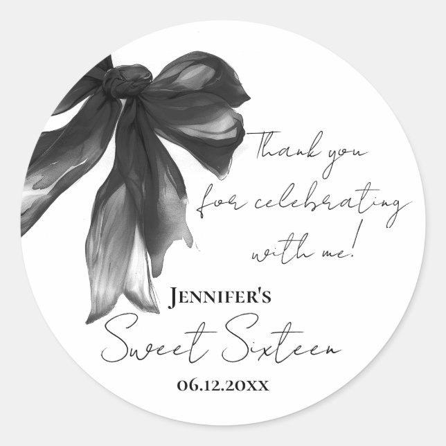 Sticker Rond Black Bow Coquette Script Sweet 16 Thank You (Devant)
