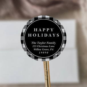 Sticker Rond Black Buffalo Plaid Christmas Adresse de retour