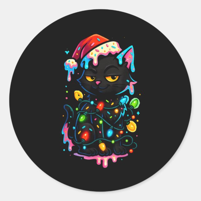 Sticker Rond Black Cat Christmas Ice Cream Drip Santa Hat Cute  (Devant)