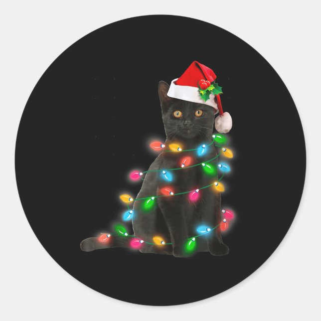 Sticker Rond Black Cat Christmas Light Cat Lover Christmas  (Devant)