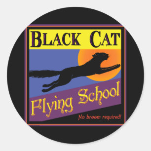 Sticker Rond Black Cat Flying School Vintage Halloween Art