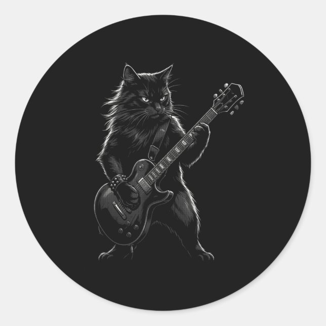 Sticker Rond Black Cat Playing Electric Guitar Gothic Rocker  (Devant)