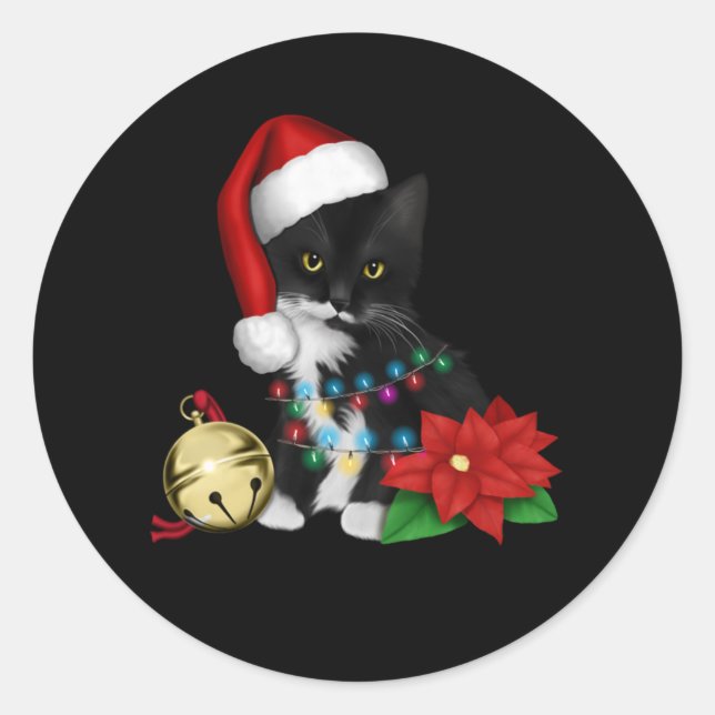 Sticker Rond Black Cat Santa Tangled Up In Christmas Lights (Devant)