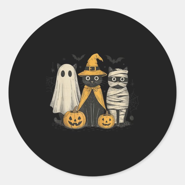 Sticker Rond Black Cat Witch Ghost Y Halloween Pumpkin Men Kids (Devant)