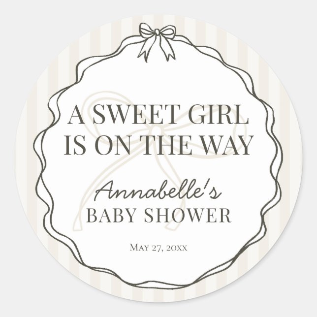 Sticker Rond Black Coquette Bow Beige Baby shower Invitation Se (Devant)
